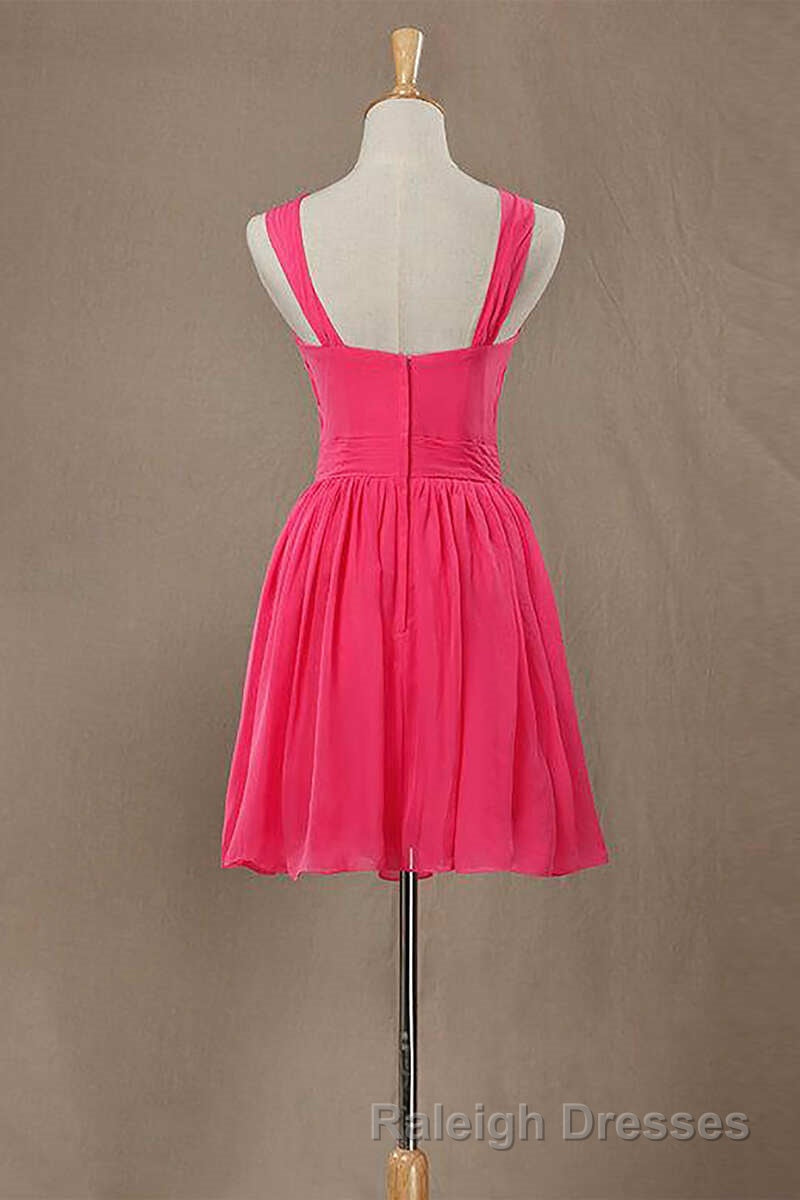 Neon Pink Halter Knee Length Bridesmaid Dress