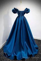 A Line Dark Blue Off-the-Shoulder Stain Prom Gowns