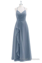 Dusty Blue Chiffon Halter Backless Ruffled Long Bridesmaid Dress