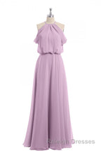 Sage Green Chiffon Halter Blouson-Style Long Bridesmaid Dresses