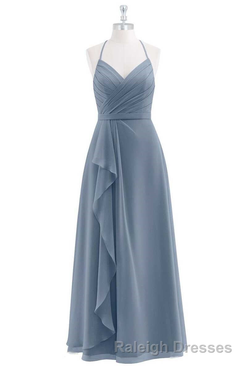 Dusty Blue Chiffon Halter Backless Ruffled Long Bridesmaid Dresses