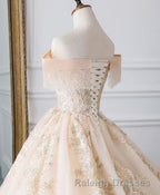 Champagne Off Shoulder Tulle Lace Long Wedding Dress, Wedding Gown