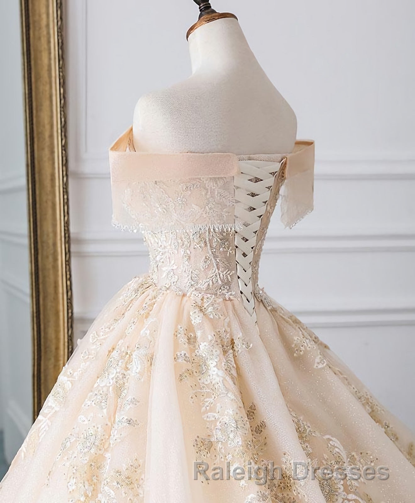 Champagne Off Shoulder Tulle Lace Long Wedding Dress, Wedding Gown