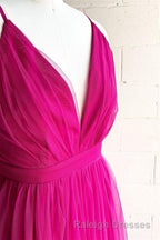 A Line V Neck Pleated Tulle Long Bridesmaid Dresses with Slit