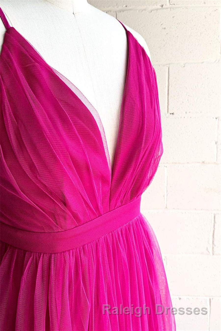 A Line V Neck Pleated Tulle Long Bridesmaid Dresses with Slit