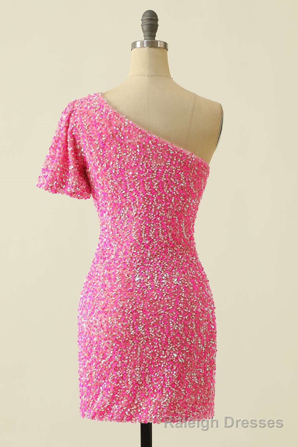 Pink Sequin One-Sleeve Bodycon Homecoming Dress