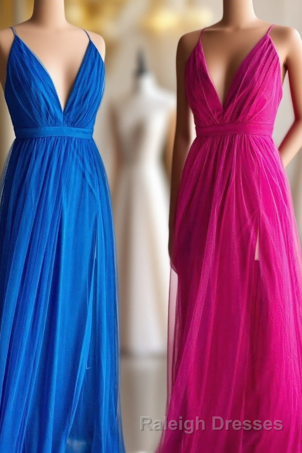 A Line V Neck Pleated Tulle Long Bridesmaid Dresses with Slit Main image