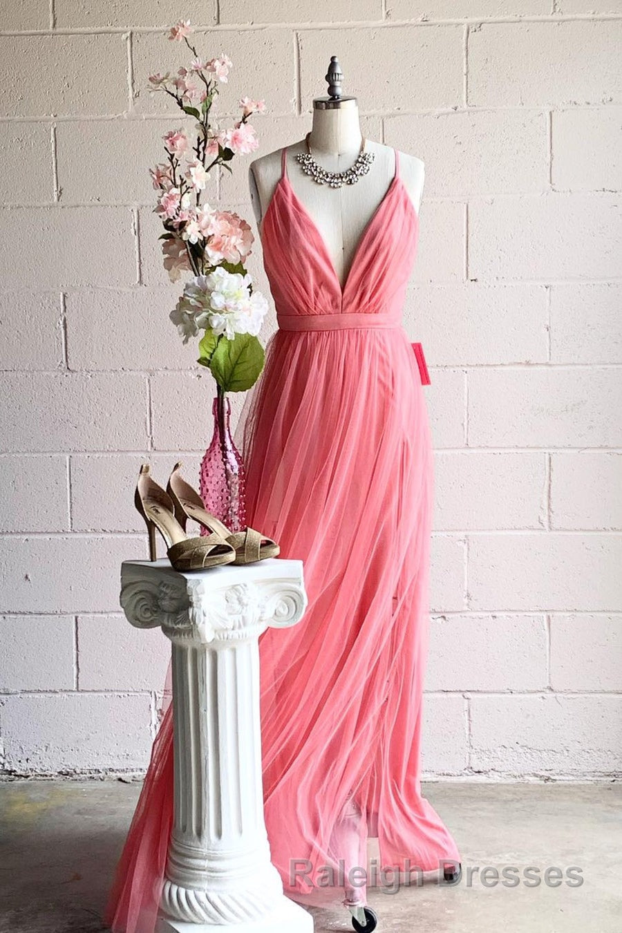 A Line V Neck Pleated Tulle Long Bridesmaid Dresses with Slit Secondary image