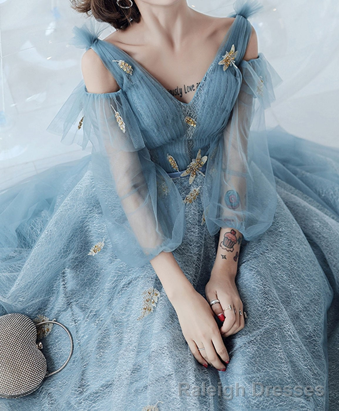 Blue V Neck Tulle Lace Long Prom Dress Blue Lace Formal Dress