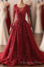 Burgundy Lace Satin Long Prom Dress, Burgundy Lace Evening Dress