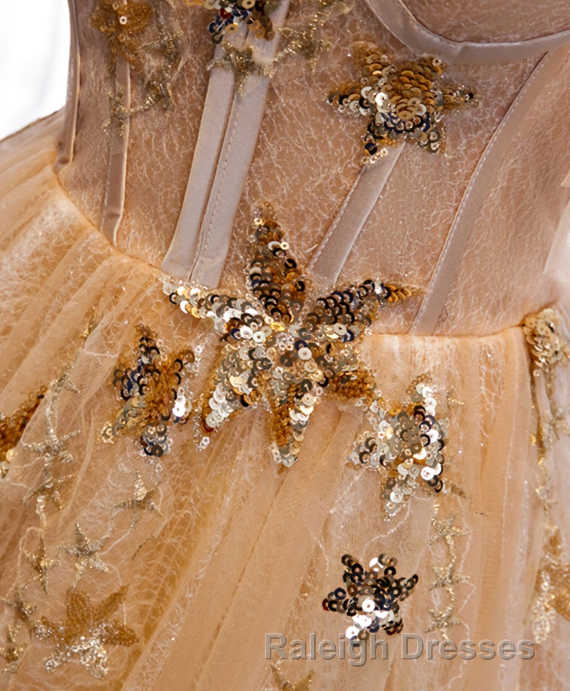 Champagne Round Neck Tulle Lace Long Prom Dress, Formal Dress