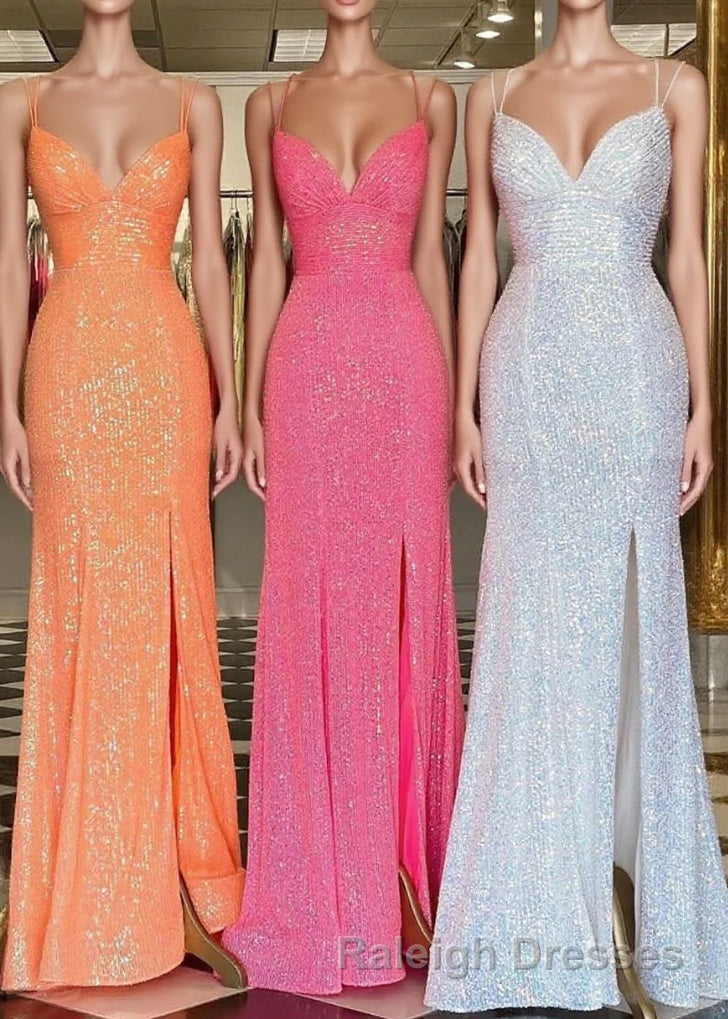 Stunning Straps Sequined Mermaid Long Prom Dresses Main image