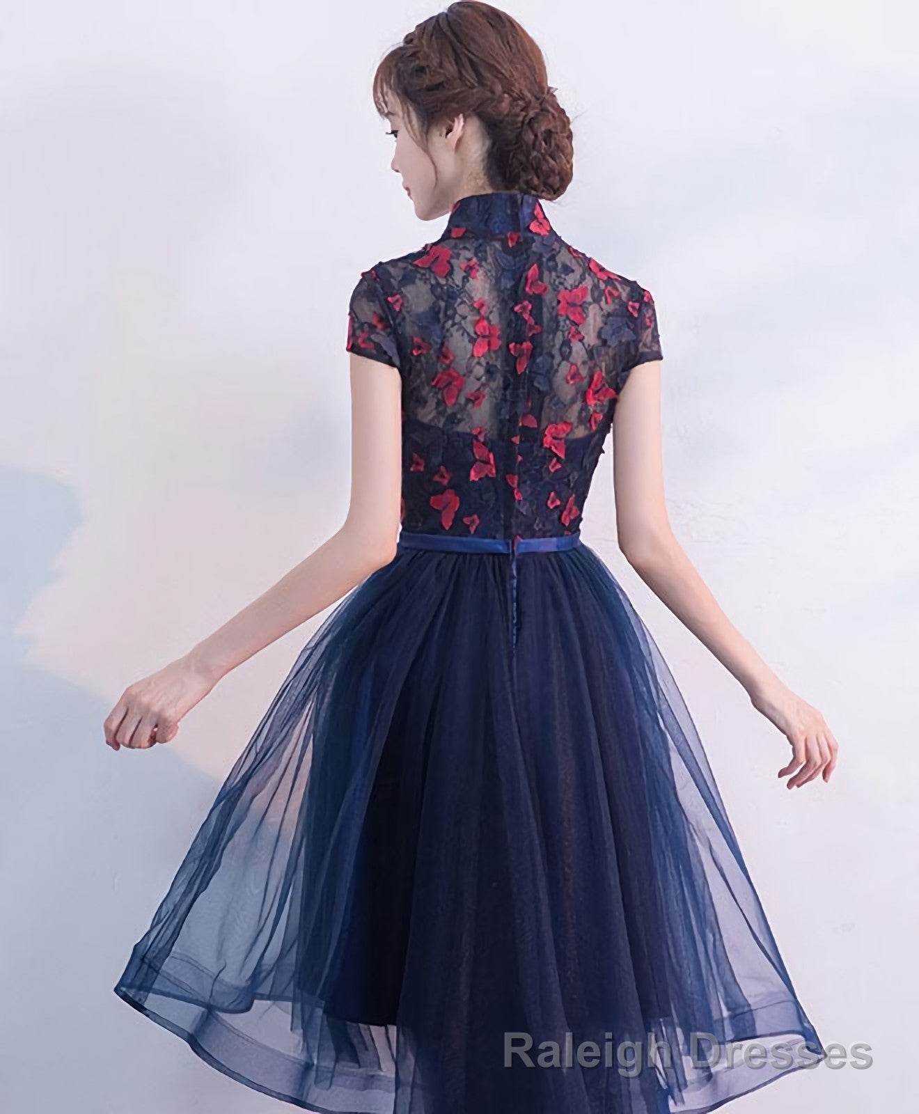 Blue Tulle Lace High Low Prom Dress, Blue Homecoming Dress