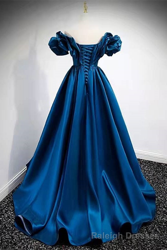 A-Line Dark Blue Off-the-Shoulder Stain Prom Gown