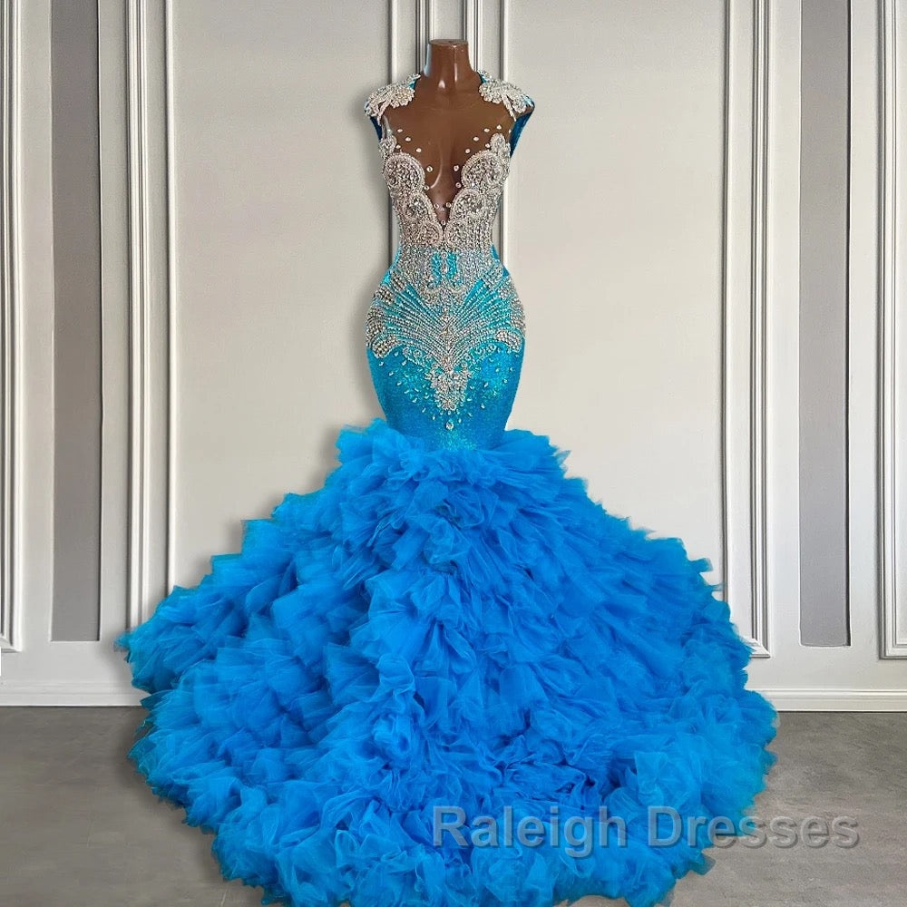 Ocean Blue Mermaid Tulle Ruffle Prom Dress Long With Beadings Secondary image