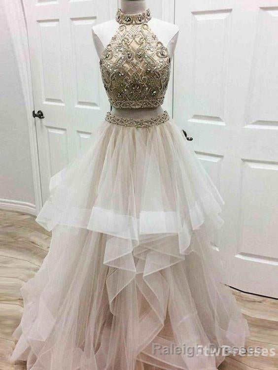 a line prom dress high neck tulle long Prom Dress Main image