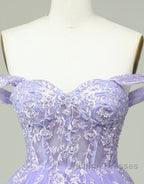 A-Line Off The Shoulder Short Tulle Dress With Appliques