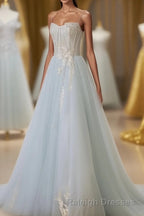 A Line Tulle Lace Appliques Sweetheart Long Prom Dresses Strapless Prom Dresses