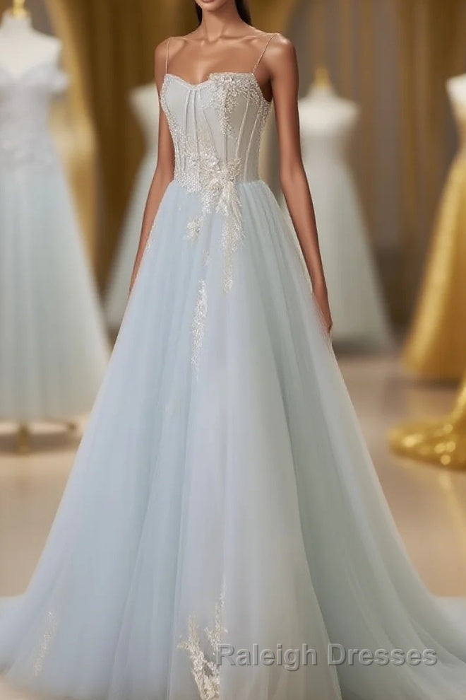 A Line Tulle Lace Appliques Sweetheart Long Prom Dresses Strapless Prom Dresses