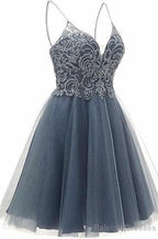 A Line Straps Appliques Tulle Short Homecoming Dress