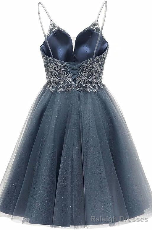 A Line Straps Appliques Tulle Short Homecoming Dress