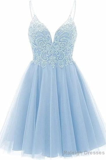 A Line Straps Appliques Tulle Short Homecoming Dress