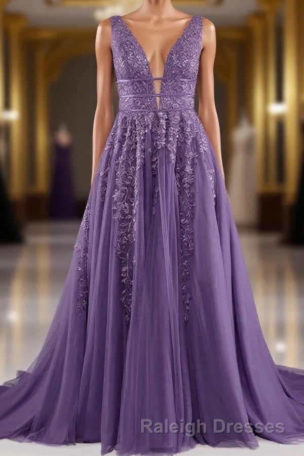A Line V Neck Lace Appliques Long Prom Dresses Main image
