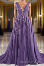 A Line V Neck Lace Appliques Long Prom Dresses