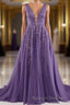 A Line V Neck Lace Appliques Long Prom Dresses