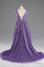 A Line V Neck Lace Appliques Long Prom Dresses