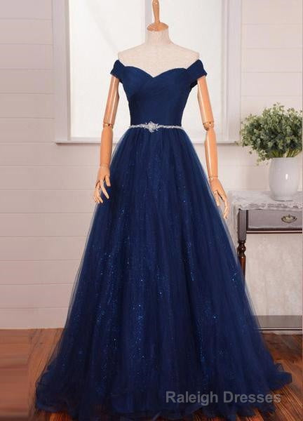 2026 Blue Floor Length/Long A Line Off-the-Shoulder Beading Tulle Prom Dresses