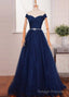 2026 Blue Floor Length/Long A Line Off-the-Shoulder Beading Tulle Prom Dresses