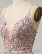 A-Line Tulle Spaghetti Straps Appliques Long Prom Dress with Alit