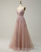A-Line Tulle Spaghetti Straps Appliques Long Prom Dress with Alit