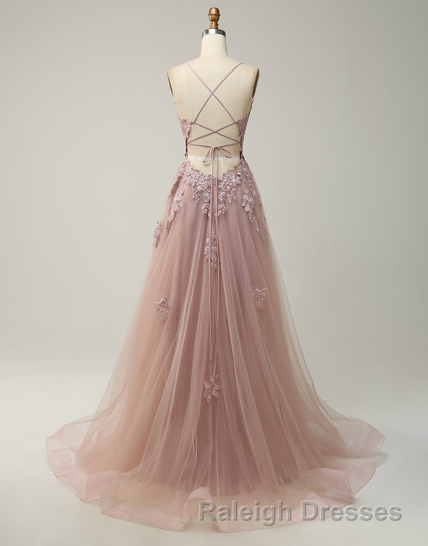A-Line Tulle Spaghetti Straps Appliques Long Prom Dress with Alit