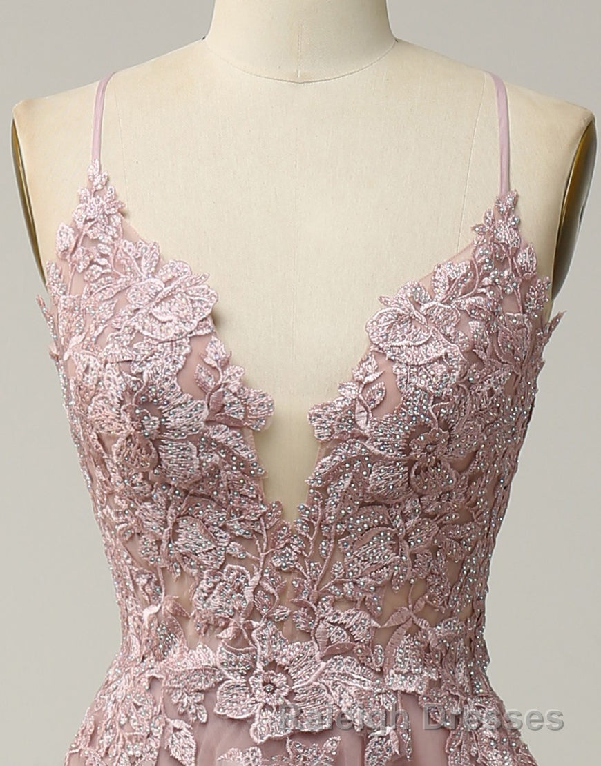 A-Line Tulle Spaghetti Straps Appliques Long Prom Dress with Alit