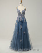 A-Line Tulle Spaghetti Straps Appliques Long Prom Dress with Alit