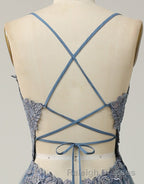 A-Line Tulle Spaghetti Straps Appliques Long Prom Dress with Alit