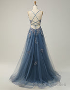 A-Line Tulle Spaghetti Straps Appliques Long Prom Dress with Alit