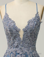 A-Line Tulle Spaghetti Straps Appliques Long Prom Dress with Alit