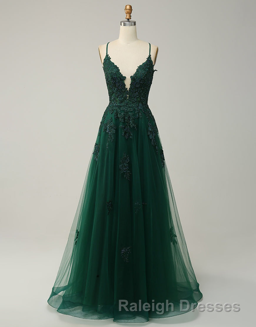 A-Line Tulle Spaghetti Straps Appliques Long Prom Dress with Alit