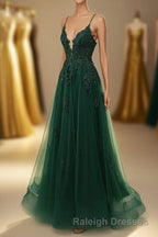 A-Line Tulle Spaghetti Straps Appliques Long Prom Dress with Alit