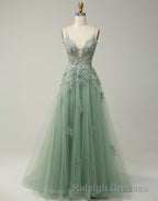 A-Line Tulle Spaghetti Straps Appliques Long Prom Dress with Alit
