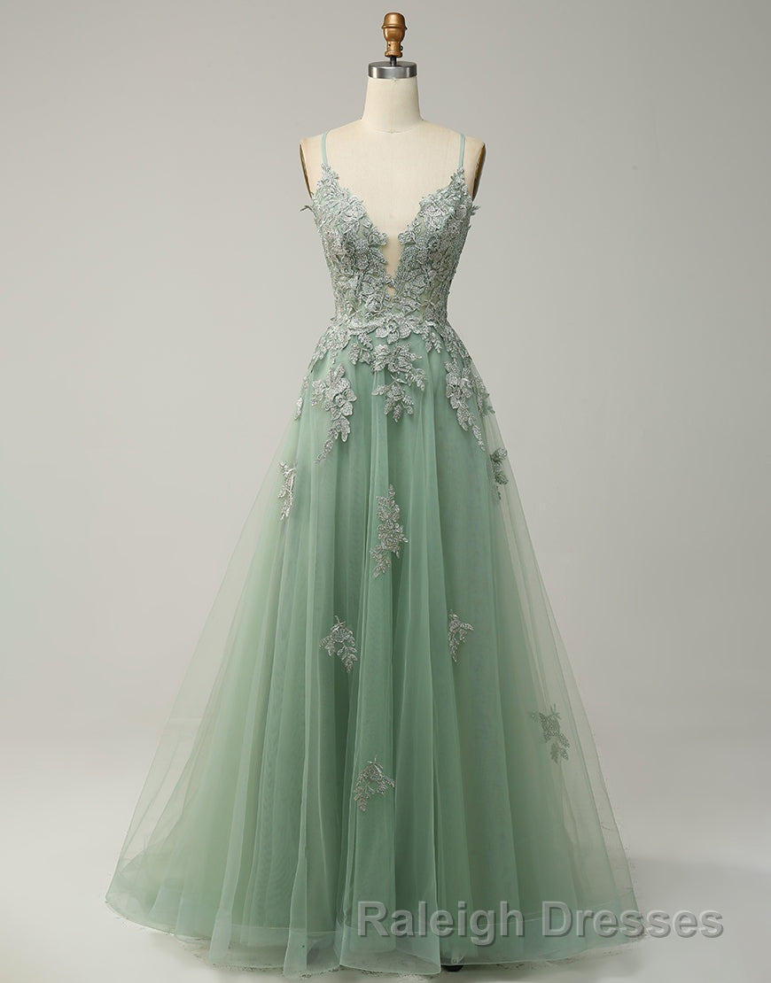 A-Line Tulle Spaghetti Straps Appliques Long Prom Dress with Alit