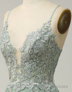 A-Line Tulle Spaghetti Straps Appliques Long Prom Dress with Alit