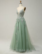 A-Line Tulle Spaghetti Straps Appliques Long Prom Dress with Alit