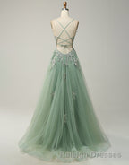 A-Line Tulle Spaghetti Straps Appliques Long Prom Dress with Alit