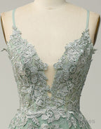 A-Line Tulle Spaghetti Straps Appliques Long Prom Dress with Alit