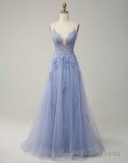A-Line Tulle Spaghetti Straps Appliques Long Prom Dress with Alit