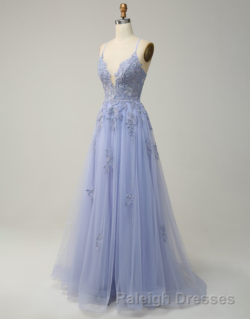 A-Line Tulle Spaghetti Straps Appliques Long Prom Dress with Alit